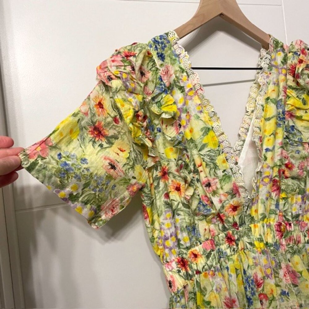 LoveShackFancy Short Sleeve Floral Aldina Mini Dress Rainbow Skies Size Medium - Picture 10 of 16